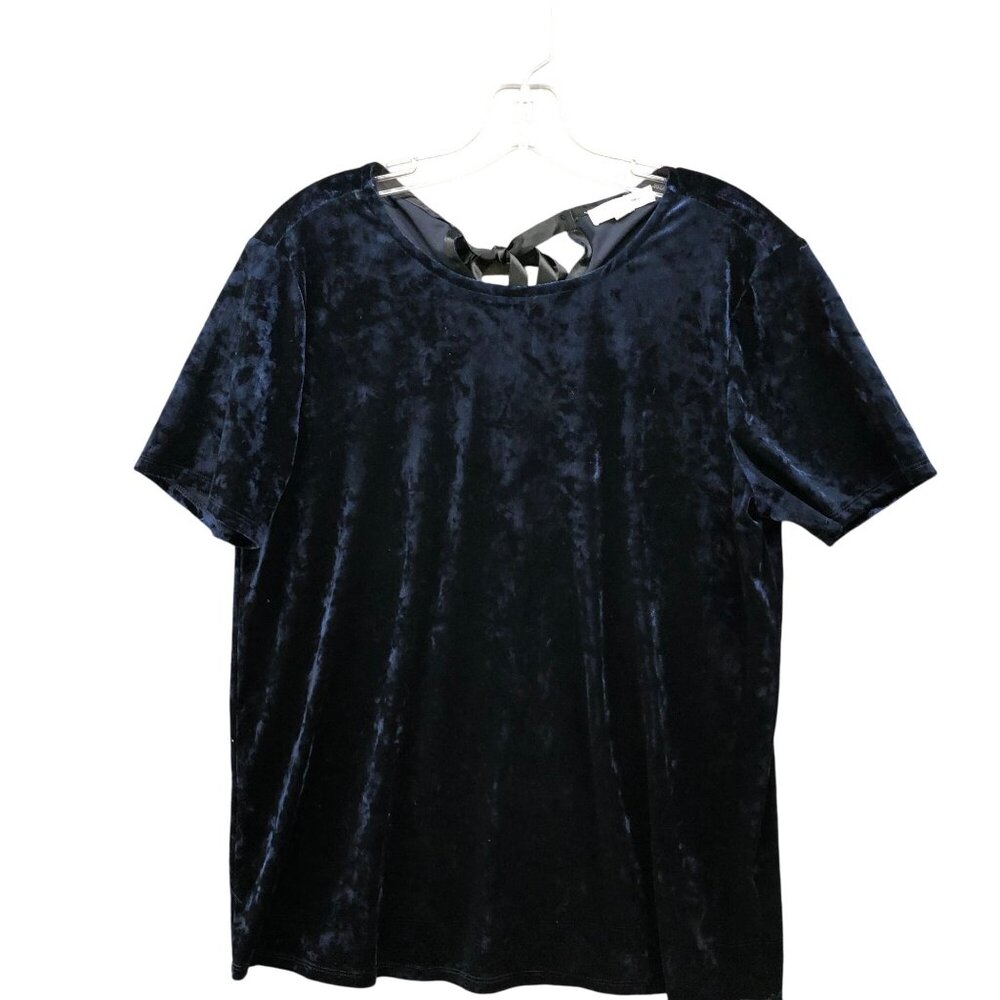 Beach Lunch Lounge Velvet Short Sleeve Top Womens M Dark Blue Tie Back Blouse